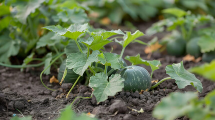 Green pumpkin growing in bed in the garden. Pumpkin plant.