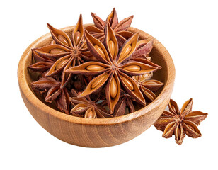 star anise  in a wooden bowl isolated on transparent background