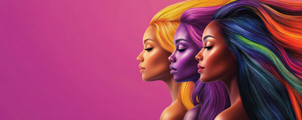 Obraz premium Three Women with Neon Hair Shades in Profile on Pink Background