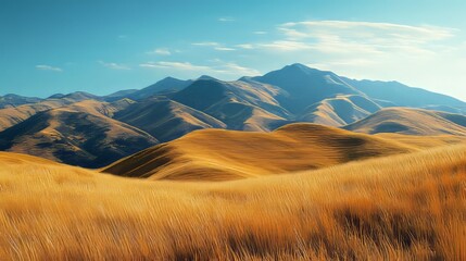 Golden Hills and Mountains Under a Blue Sky