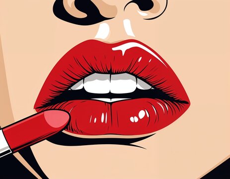 closeup illustration of a woman's red lips with a bold stroke of lipstick, showcasing a glamorous and seductive style.
