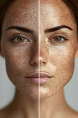 Before and after facial treatment concept. face with melasma and brown spots and open pores.