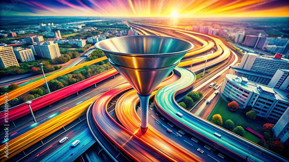 Poster aerial photography of a filter funnel with dynamic background and modern design elements for data an