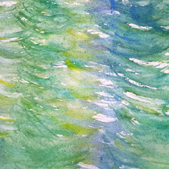 水彩で描いた緑色の模様、湖面に映る木々の絵、緑、黄色、青、黄緑色、筆跡、水彩画、透明水彩で描いた水面、顔彩で描いた湖面、そよ風の吹く草原、風に吹かれる野原