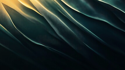 Obraz premium Abstract image of flowing fabric-like waves with golden highlights and dark green shadows, creating a smooth and elegant visual pattern.