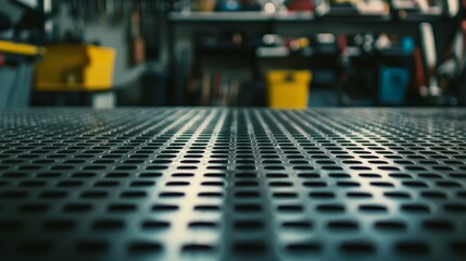 Close-up of an empty metal table with a grid pattern in a workshop, with a blurred background featuring tools and equipment on shelves.