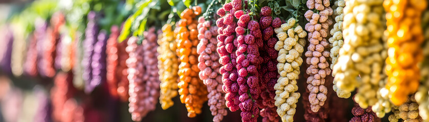 Vibrant Colorful Hanging Fruit Clusters, Close-up View of Decorative Ornament, Abstract Background Image with Textured Surface and Rich Hues