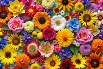 Aerial Photography of a Vibrant Assorted Summer Flowers Bouquet Creating a Lush and Colorful Background Ideal for Seasonal Designs and Floral Arrangements