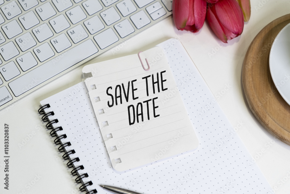 Poster stick with text save the date on the white and red notepad