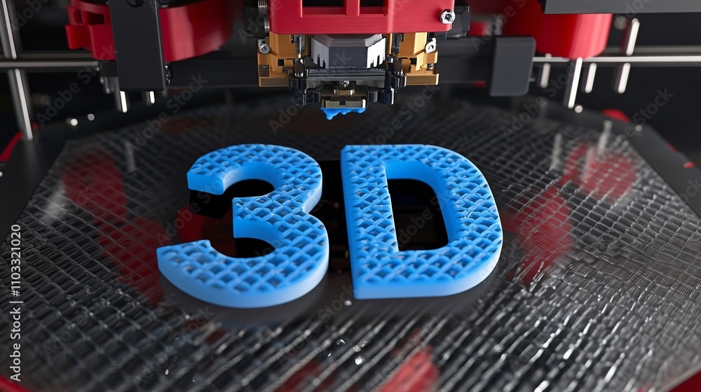 Poster 3d printer creating blue 3d text on platform