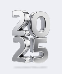2025 silver numbers. Metallic numbers 3D rendering. Happy new year banner design. New Year symbol.