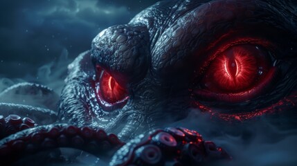 Dark and mysterious creature with glowing red eyes emerging from foggy depths