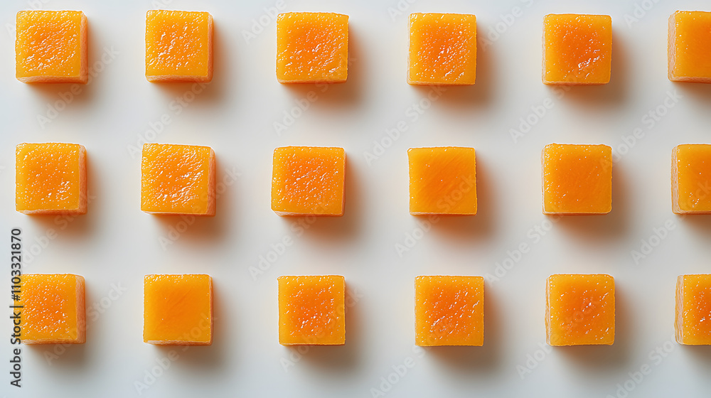 Poster overhead shot of twenty orange cubes arranged in four rows of five on a white background. the cubes 