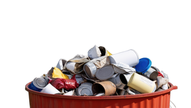 Overflowing bin filled with various crushed and dented metal cans for recycling transparent background