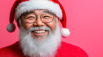 Smiling Asian Santa Claus with Bold Red Hat and Snow-White Beard Against Pastel Background for Holiday Marketing
