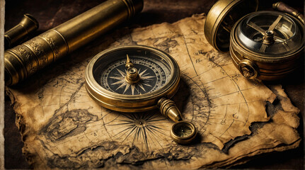 Vintage compass and map display on a wooden surface with nautical tools © demzp