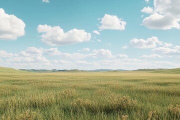 A vast, open field with a clear blue sky and fluffy white clouds
