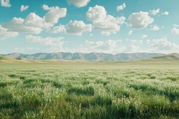 Naklejka premium A vast, open field with a clear blue sky and fluffy clouds