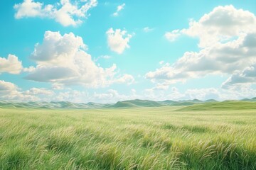 Fototapeta premium A large, open field with a blue sky and fluffy clouds