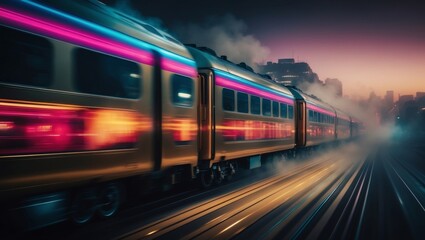 Fototapeta premium Fast train travels through urban landscape at dusk with vibrant lighting
