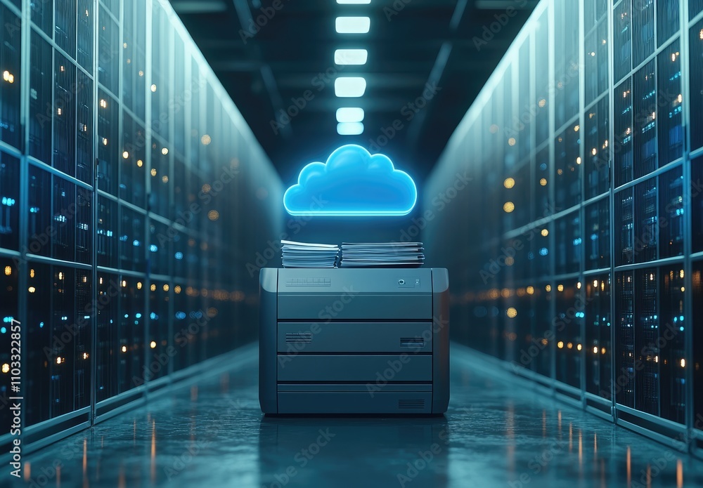 Aufkleber a digital cloud symbol above a server stack in a data center, representing cloud storage.