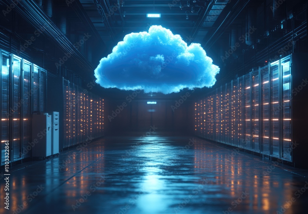 Poster a futuristic data center with a digital cloud hovering above.