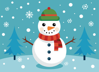 Merry christmas and happy new year card with snowman christmas tree and snow flake on light green background. vector illustration.