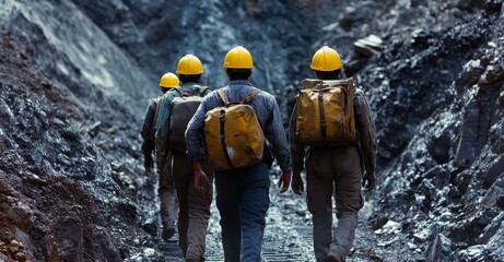 Workers wearing yellow hard hats and working, walking through the mine with backpacks on their backs, rear view
