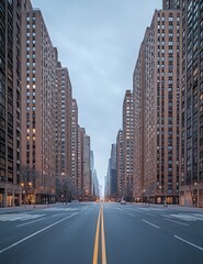 Empty City Street Lined with Brownstone Buildings