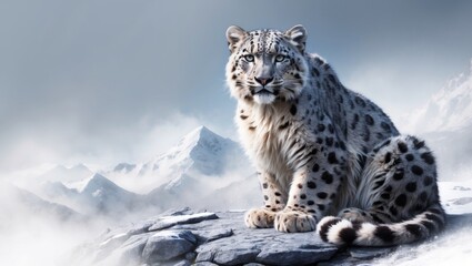Naklejka premium Snow leopard rests on rocky ledge amid misty mountain landscape