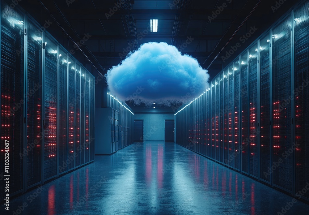 Aufkleber a futuristic data center with illuminated servers and a digital cloud above.