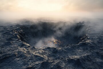 A large hole in the ground with smoke coming out of it