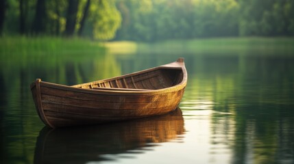 A serene wooden boat floats gently on a calm lake, surrounded by lush greenery, This tranquil scene can be used for travel, nature, relaxation, or outdoor adventure themes,