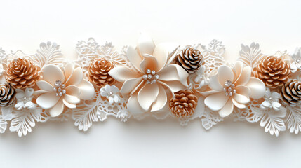 Festive delicate white and pink Victorian style Christmas background with pine cones, bows, flowers and snowflakes.Airy winter frame for holiday cards, invitations or product displays