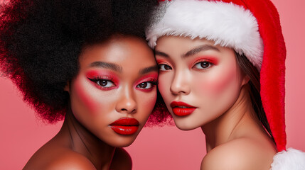 Obraz premium Close-Up of Young African American and Asian Female Santa Claus with Bold Festive Eye Makeup and Red Lipstick in Modern High-Fashion Santa Attire Against Soft Pastel Pink Background for Holiday season