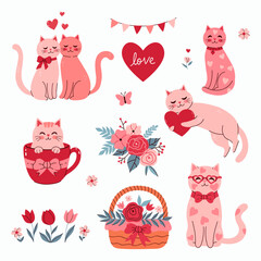 Set of cute cats and flowers for Valentine's Day. Vector graphics.