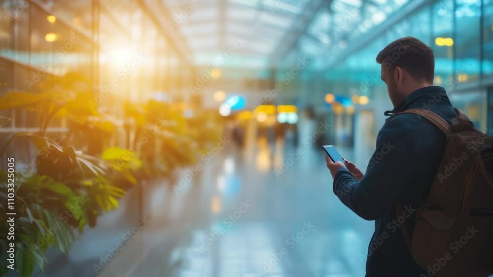 Poster young entrepreneur checking his mobile phone while walking through a bright and spacious airport ter