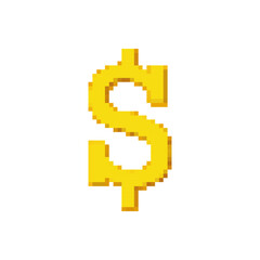 Golden Dollar Sign. Pixel Art Style. Currency Icon in Pixelart. Isolated Vector Illustration