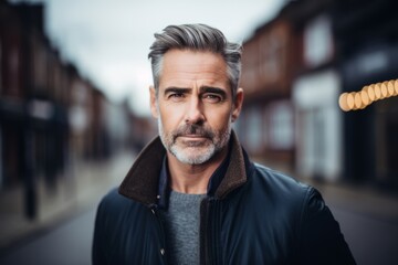 Handsome middle-aged man with grey hair and beard looking at camera while standing in the street.