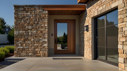 Contemporary house entryway featuring natural stone wall, wooden door, and clear sky in the morning light