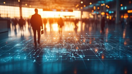 Obraz premium A businessperson walks through a futuristic airport, surrounded by digital connections.