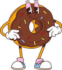 Cartoon retro donut groovy character. Isolated vector vibrant doughnut pastry dessert personage with funky smile, chocolate glaze and colorful sprinkles, embodies a 70s vibe, with a wide, cheery smile © Vector Tradition
