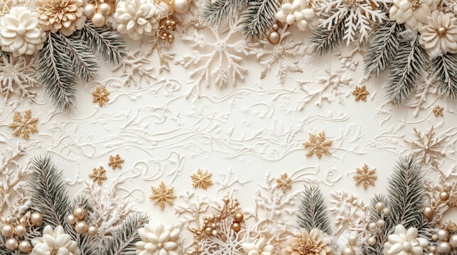 Festive delicate white and pink Victorian style Christmas background with pine cones, bows, flowers and snowflakes.Airy winter frame for holiday cards, invitations or product displays