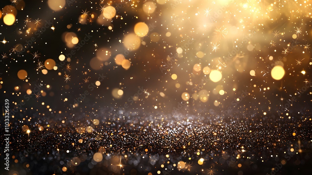 Poster golden bokeh lights sparkling on a dark background. generative ai.