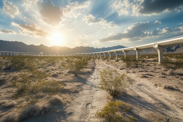 Elevated transport system crosses desert landscape.