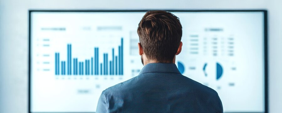 Business Operations Productivity Management concept. Business consultant explaining growth charts on a sleek futuristic whiteboard, collaborative productivity session