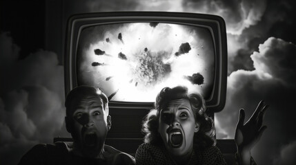 movie, nuclear, explosion, screaming, horror, scary, vintage, woman, man, model, smoke, couple, old, pollution, expression, fire, fashion, fog, cloud, dust, clouds, glamour, actors,  retro, antique, 