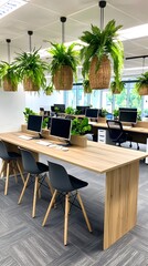 Fototapeta premium Modern Office Workspace with Hanging Plants and Wooden Desk.