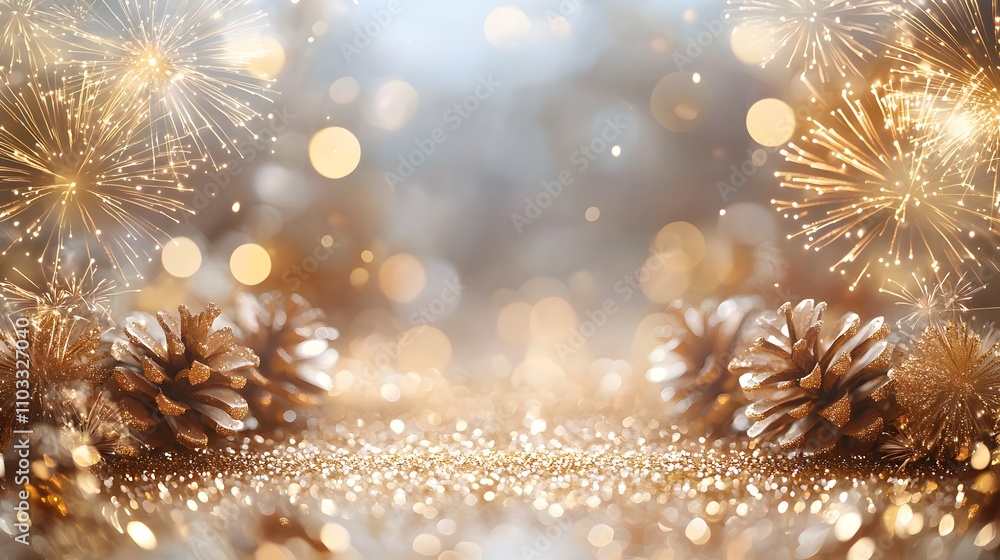 Poster golden pinecones and sparkling fireworks create a festive atmosphere. generative ai.