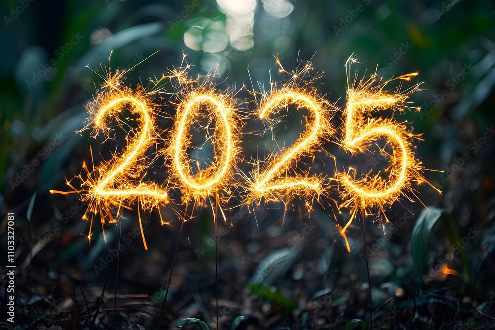 Poster sparklers create glowing numbers 2025 in a forest setting at night. generative ai.